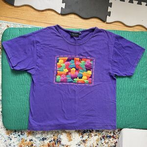 Vintage Linda Tilson Purple Dog Patch Shirt Women L Made In USA Dogs Cottage 90s